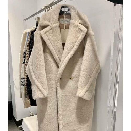 Women Winter Teddy Coat Teddy Bear Turn-Down Collar Limited Vanilla Color Double Breasted Cashmere Fur Coat Outwear