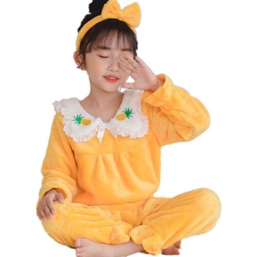 Coral Fleece Winter Children Lace Pajamas Thicken Warm Flannel Sleepwear Girls Loungewear Kids Pijamas Homewear Pyjama Sets