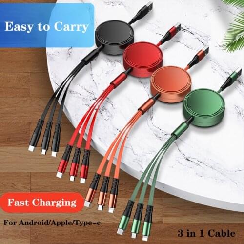 5A Fast Charger 3 in 1 Retractable Charging Cable For IOS USB Type C Charger For IPhone/HUAWEI/Android USB Adapter Date Cable
