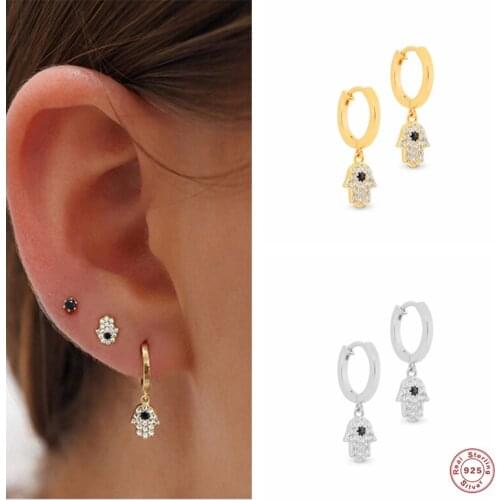 Aide 925 Sterling Silver Wheel Hamsa Hand Palm Pendant Drop Earring Black Crystal Zircon Charm Circle Dangle Earring For Women