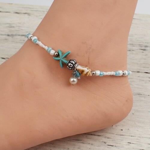 DoreenBeads Fashion Women Anklets White Blue Acrylic Starfish Conch Beads Romantic Jewelry Bohemia Ankelets 29cm Long,1 Piece