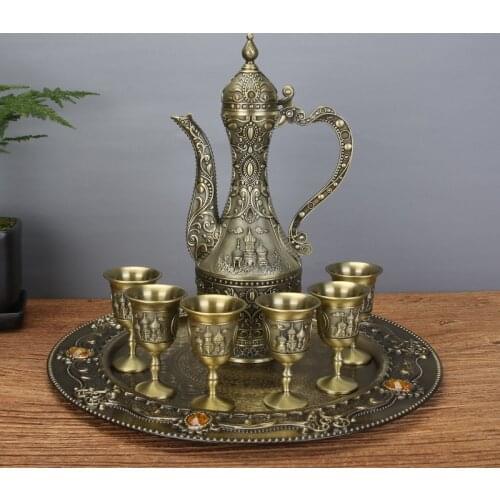 IMUWEN Metal Wine Set/Tea Set 12" Plate Copper Bronze Plated Fashion Zinc Alloy Wine Set, 1 Set=1 Plate+1 Pot+6 Cups