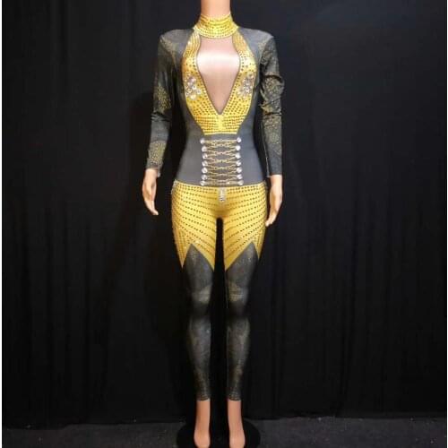 Women Rhinestone Long Sleeves Hollow Out Bobycon Jumpsuits Female Skinny Acrobatics Performance Costumes Womens Stage Clothes