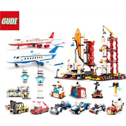 GUDI Spaceport Spaceship Shuttle Building Blocks Airport Airplane Station Set Model Bricks Education Kids Toys For Children Gift