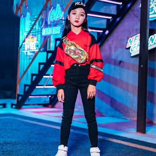 Girls Jazz Dance Costume Hip Hop Red Tops Black Pants Children Street Dance Clothing Performance Outfit Kids Stage Wear BL3365