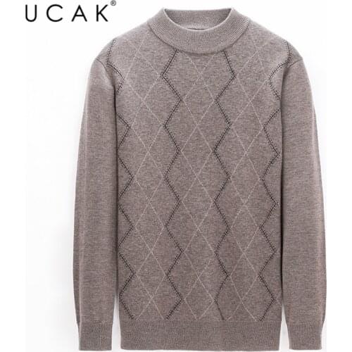 UCAK Brand Pure Merino Woo Striped Sweaters Men Clothes O-Neck Streetwear Sweater Pull Homme Winter Warm Pullover Clothing U3190