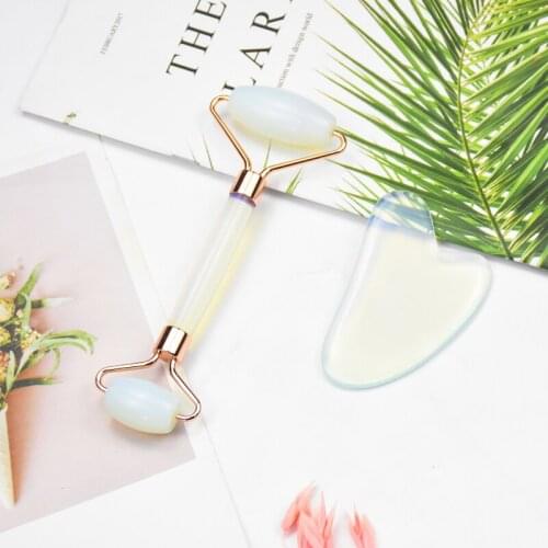 Natural Opal White Jade Roller Facial Massager Gua Sha Tools Set