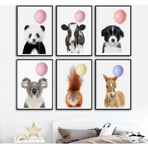 Koala Bear Cow Panda Dog Pink Balloon Foam Animal Wall Art Canvas Painting Posters Picture Children Home Wall Decoration