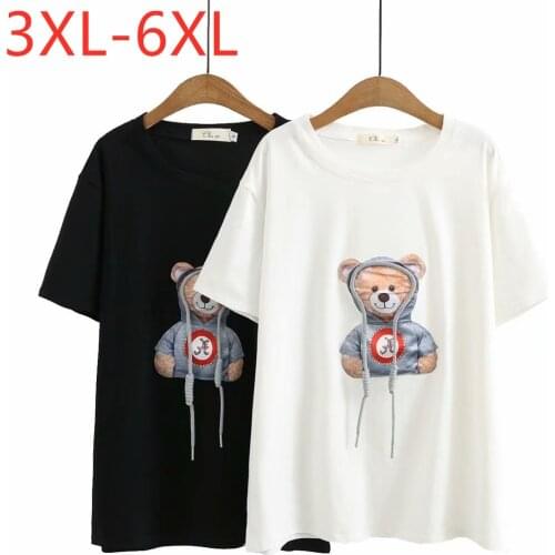 New 2021 Ladies Summer Plus Size Tops For Women Large Short Sleeve Loose Cotton Black White Print Bear T-shirt 3XL 4XL 5XL 6XL