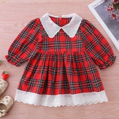 2021 New Spring Little Girls Casual Puff Sleeve Dress Fashion Plaid Lace Stitching Doll Collar A-line Dress Casual Clothes