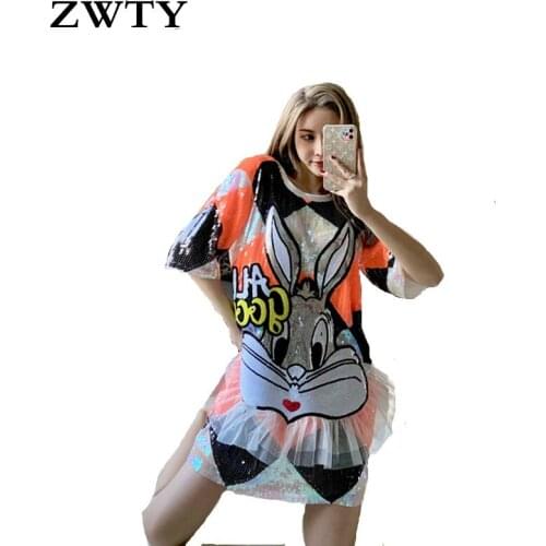 ZWTY New T-shirt Arrival Summer Women Gauze Patchwork Cartoon Sequins Dress loose Lady streetwear coats