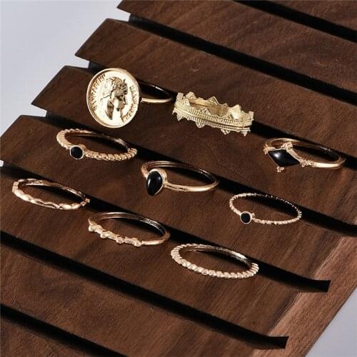 New Simple 9pcs/set Black Geometric Charm Rings for Women Jewelry Vintage Avatar Coin Knuckle Rings Set
