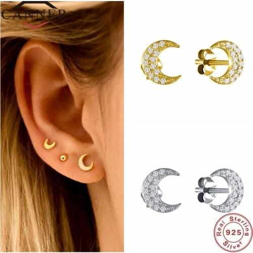CANNER 1 Pair Real 925 Sterling Silver Stud Earrings for Women Piercing Earings Moon Crystal Zircon Fine Jewelry pendientes