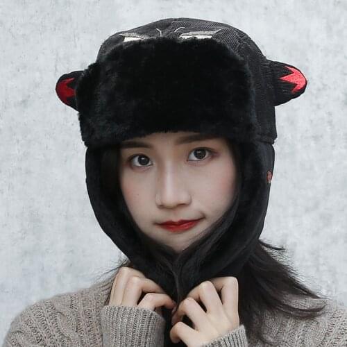 Winter Faux Fur Bomber Hats Women Russian Ushanka Cartoon Earflap Cap Men Windproof Velvet Devil Embroidery Trapper Hat Snow Ski