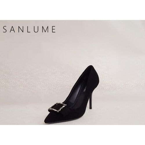 SANLUME Autumn Black Heels Rhinestone Pumps Women Shoes Woman Extreme High Heels Ladies Stiletto Elegant Party Shoes Pointed Toe