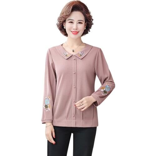 Embroidery T Shirt Women Long Sleeve T-Shirts 2021 Spring Fall New Casual Large Size XL-5XL Lapel Middle Age Mother Tops
