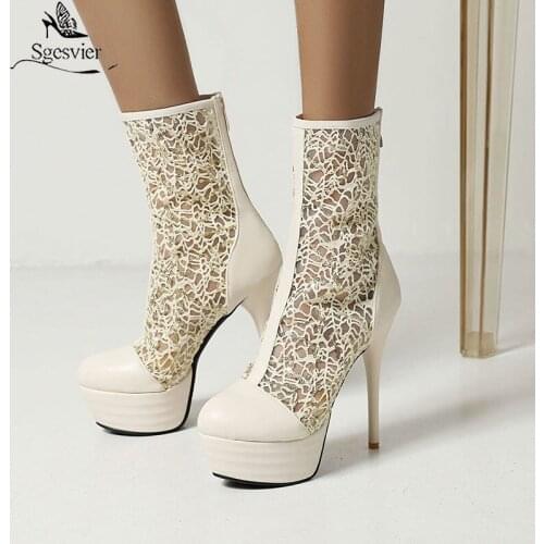 Sgesvier 2021 Summer New Stiletto Round Sandals Boot Female Back Zipper Short Boots Female High-Heeled Breathable Mesh Boots