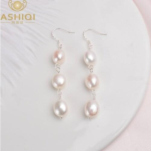 ASHIQI Natural Baroque Pearl 925 Sterling Silver Long Earrings For Women Black freshwater pearl Handmade drop earring Party Gift