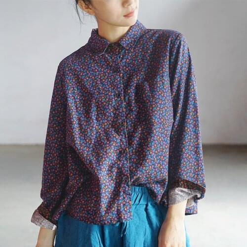 Johnature New 2021 Spring Print Flower Turn-down Collar Casual Loose Blouses Vintage Women Tops Cotton Mori Girls Shirts