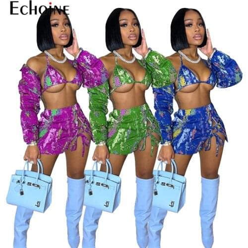 Echoine 2021 Womens Tie Dye Print Crop shirt + bra +Skirt three Piece Set Hollow out Bandage Tracksuit Suits Party Club Outfits