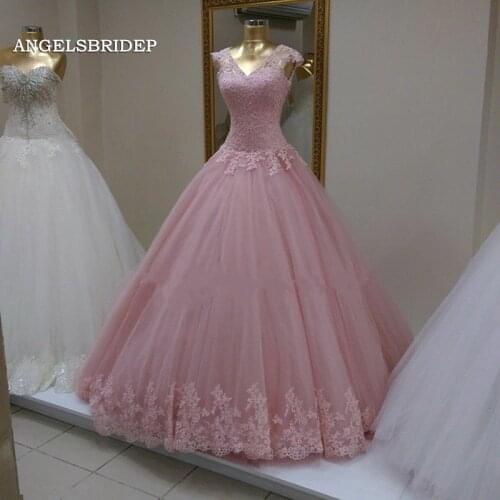 ANGELSBRIDEP V-Neck Pink Ball Gown Quinceanera Dresses For 15 Party Formal Applique Floor-Length Masquerade Princess Gowns