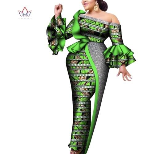 BRW African Maxi Dress Bazin Riche Lotus Sleeve Print Wax Long Dresses Off Sshoulder Plus Size 7XL Africa Clothing WY8086