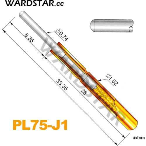 100pcs/lot PL75-J1 Dia 0.74mm Spring Test Probes Pogo Pin Length 33.35mm (Stroke Spring Froce:120g)