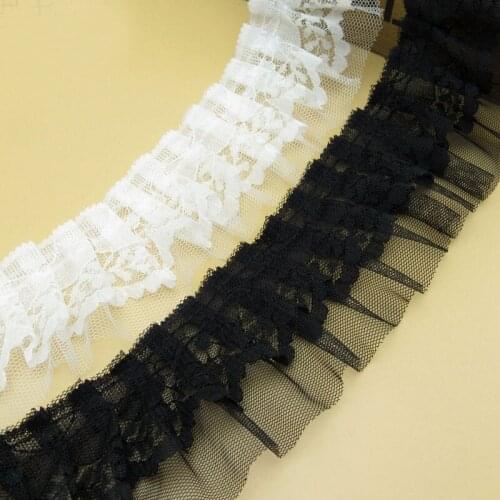 50yds Black White Pleated Mesh Embroidered Lace Ruffle Trim Ribbon Fabric DIY For Clothing Dress Curtains Fringe Sewing Supplies
