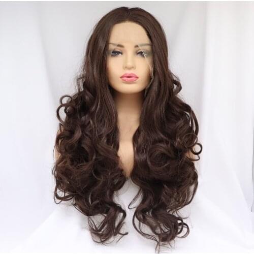 6# Natural Brown Long 24 Inches Curly 13*3 Synthetic Lace Front Wig Heat Resistant Fiber for Women
