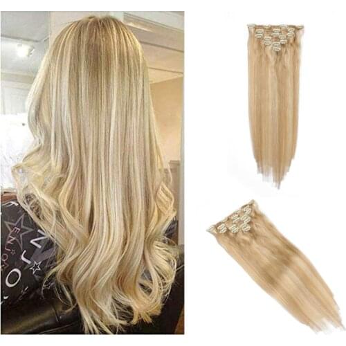 Ash Blonde Long Length Full Head Straight Clips in on Human Hair Extensions Hairpieces for Women 7pcs