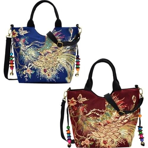 Shiny Sequins Peacock Embroidered Ladies Canvas Tote Bag Shopping Shoulder Bag Retro Beaded String Tote Bag