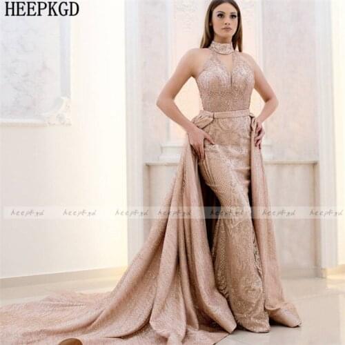 Glitter Champagne Mermaid Saudi Arabic Evening Dress Detachable Train Backless Luxury Special Occasion Dress Customize Prom Gown