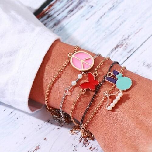 European American Fashion Candy Color Drip Oil Rabbit Butterfly Wrap Bracelet Set Gold Color Rolo Chain Link Bracelet for Women