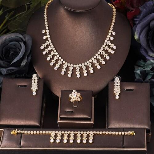 Janekelly 4pcs Bridal Zirconia Full Jewelry Sets For Women Party, Luxury Dubai Nigeria CZ Crystal Wedding necklace sets
