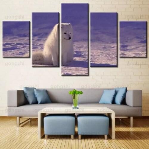 Five-Piece Animal White Puppy Dog Canvas Painting Winter Landscape Snow Home Decoration Living Room Wall Painting Modern Mural