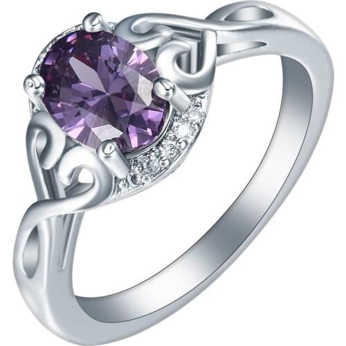 Hainon Purple Pink Oval Zircon Setting Silver Color Ring AAA CZ High Polished Engagement Party Gift Ring Jewelry for Women