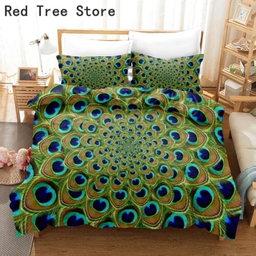 Colored Peacock Feather Printed Bedding Set Home Decor Deluxe Quilt Cover Pillowcase 2/3 Adult Children Bedroom Queen King Size