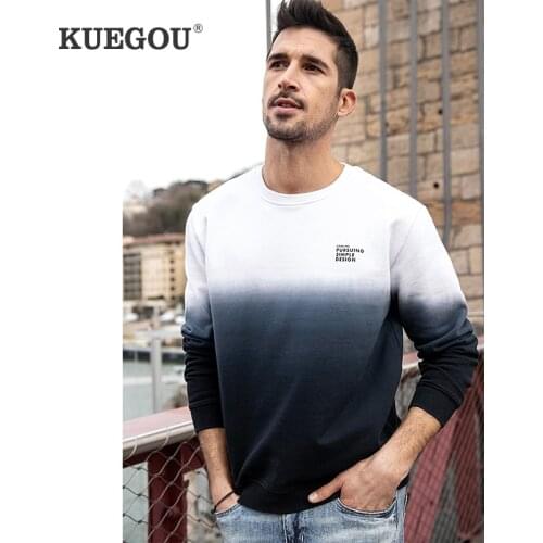 KUEGOU 2021 Autumn 100%Cotton Hoodies Tracksuit Sweatshirts For Men Fashion Gradient Color Print Jogger Top Plus Size 9514