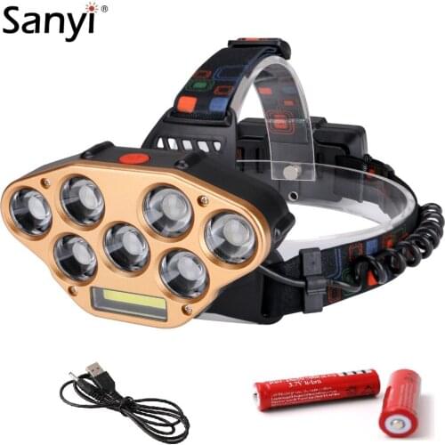 Sanyi 7*LED+1*COB LED Headlight Headlamp Head Lamp Flashlight USB Rechargeable 18650 Torch Camping Hiking Night Fishing Light