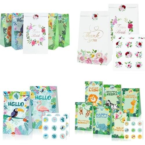 12pcs/set Flamingo Jungle Animals Kraft Paper Bags With Sealing Stickers Candy Cookies Bag For Hawaii Party Kids Birthday Decor