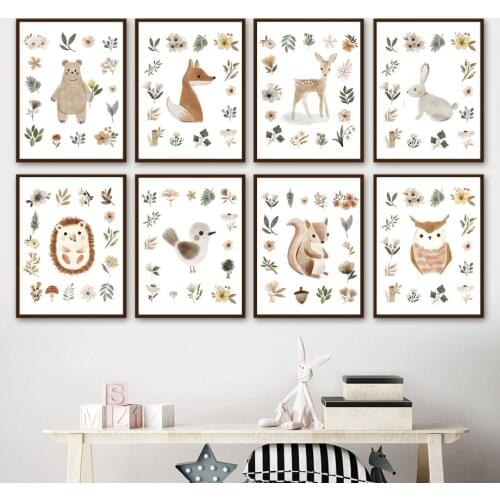 Bear Bunny Fox Deer Owl Bird Flower Leaf Nursery Wall Art Print Canvas Painting Nordic Poster Cub Decor Pictures Baby Kids Room