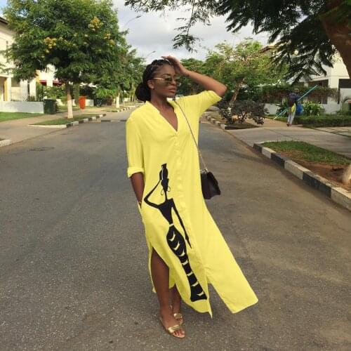 Women Shirt Long Dress Ladies Casual Long Street V Neck Plus Size Loose Home Commuter Printed Slit Dress