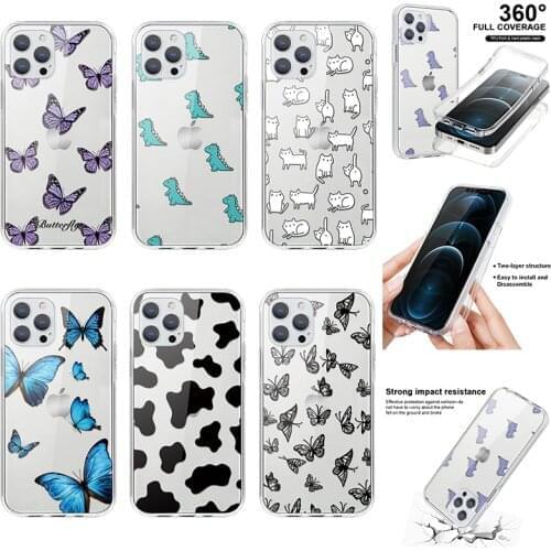 Full Body 360 Front Back Phone Case For iPhone 12 11 Pro Max 8 7 6s Plus Transparent Coque For iPhone X XR Xs 5 Butterfly Cover