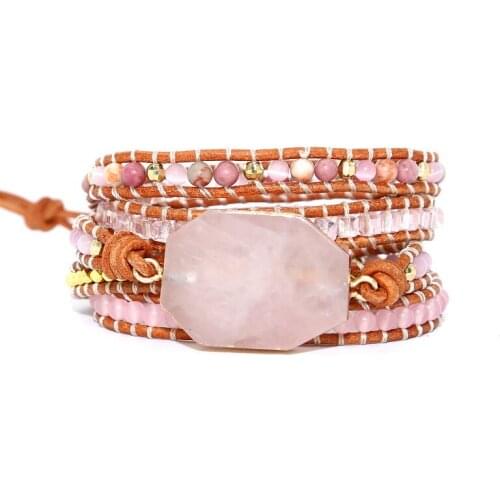 Women Beads Leather Bracelet Natural Stones Pink Quartz Crystal 5 Strands Woven Wrap Bracelets Bohemian Bracelet Fashion Jewelry