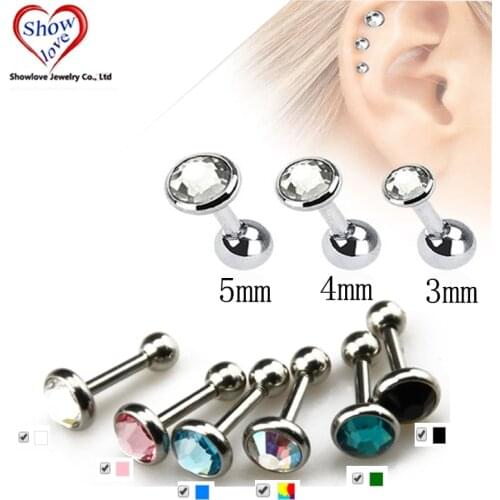 Showlove-Gem Ear Piercing Lip Body Helix Tragus Lobe Barbell Bar Earrings Ear Studs Piercing 3mm&4mm&5mm Choosable