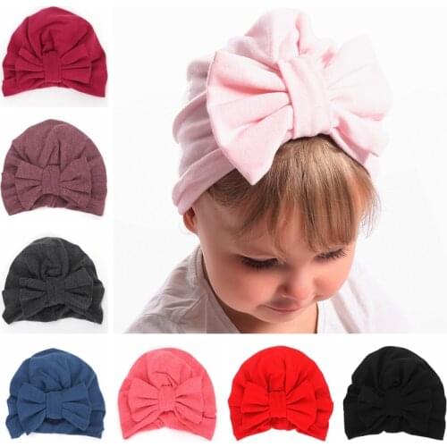 Yundfly Cotton Blend Turban Hat Kids Newborn Big Bow Knot Beanie Stylish Top Knot Caps Shower Headwear Birthday Gift Photo Props