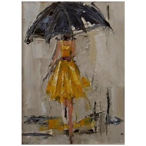 Handmade Modern Abstract Portrait Figure Knife Oil Painting on Canvas Handpainted Girl in Yellow Dress with Umbrella Art Picture