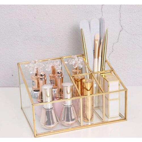 HGHO Glass Desktop Makeup Organizer Lipstick Brush Holder Sundries Cosmetic Storage Box Dust-Proof Makeup Jewelry Box