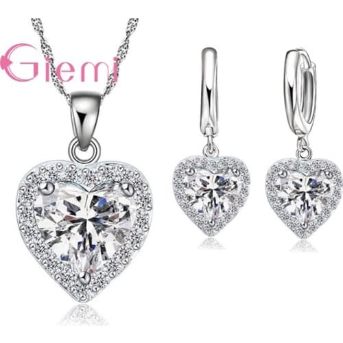Everlasting Love Fashion Luxury Heart 925 Sterling Silver Cubic Zirconia Necklace +Earring Jewelry Set For Women