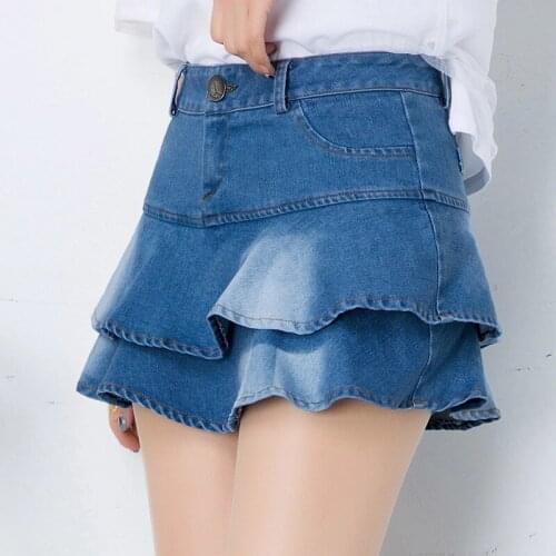 Womens Sexy Fashion M-4XL Spring Summer High Waist Denim Stitching A-Line Short Skirt Student Sweet Girls Ruffled Mini Skirts